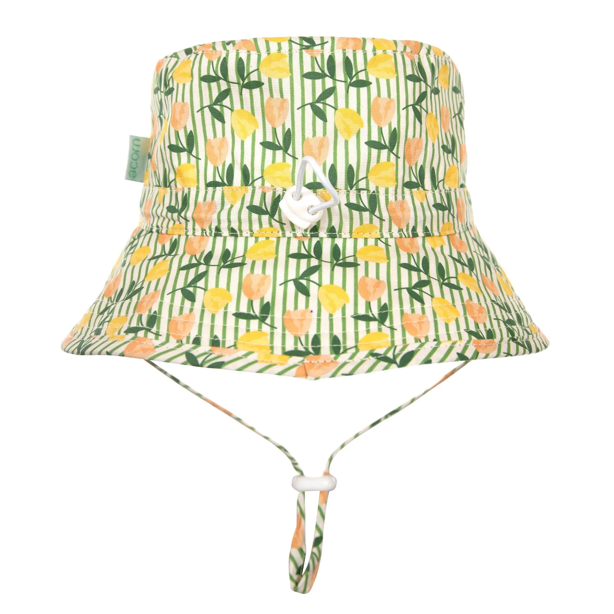 ACORN KIDS - TULIP BROAD BRIM BUCKET HAT: GREEN PEACH, YELLOW FLORAL