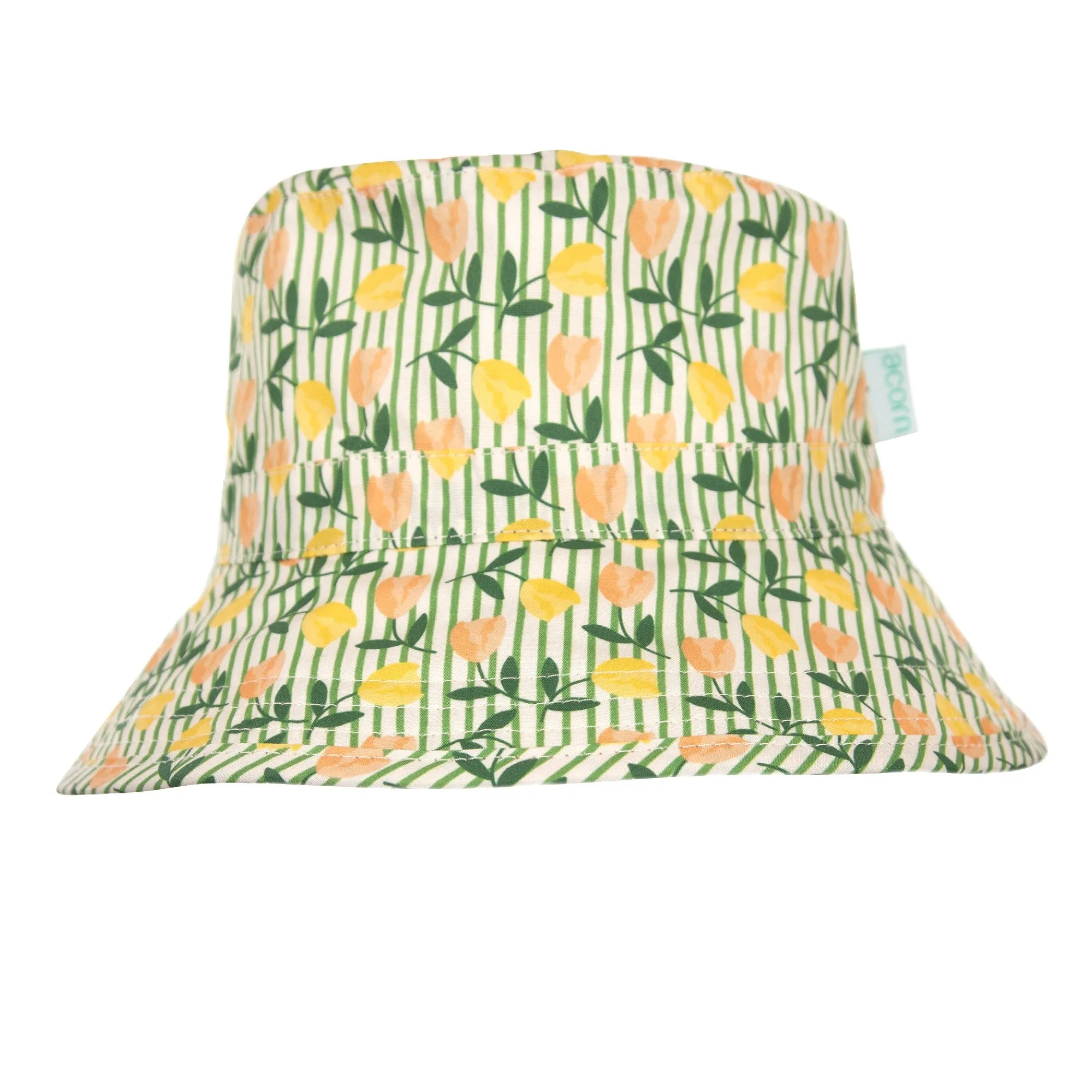 ACORN KIDS - TULIP BROAD BRIM BUCKET HAT: GREEN PEACH, YELLOW FLORAL