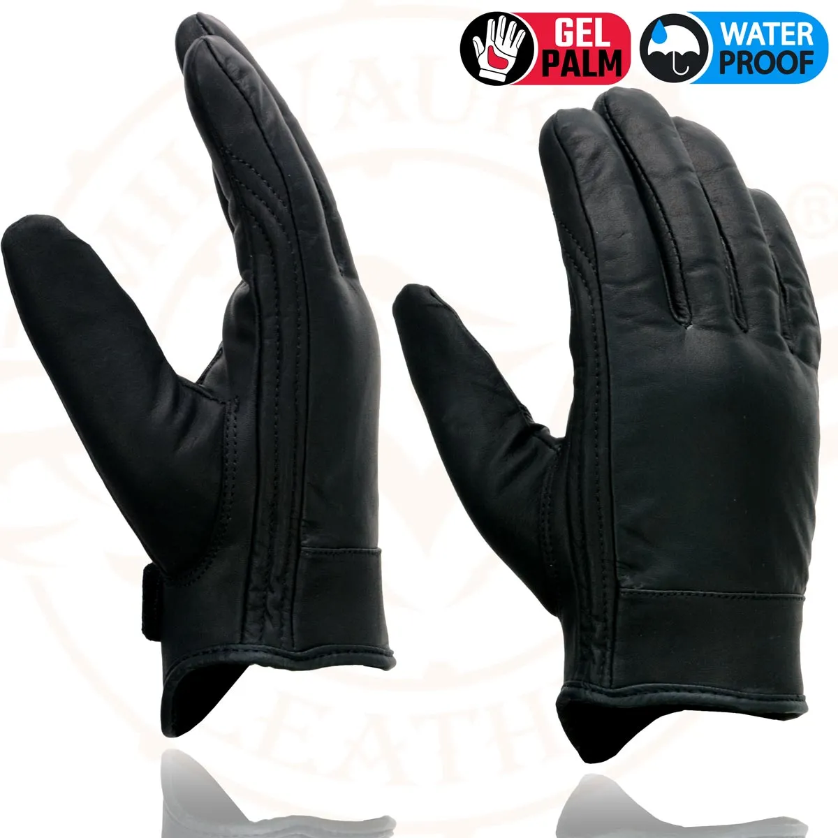 Milwaukee Leather MG7522 Men's Black Leather Waterproof Cruiser Motorcycle Hand Gloves W/ Gel Padded Palm