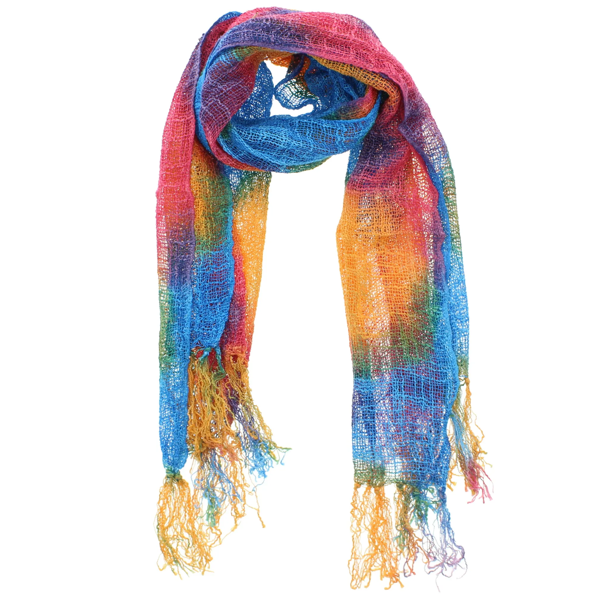 Multicolour Cotton Long Lightweight Scarf with Tassels