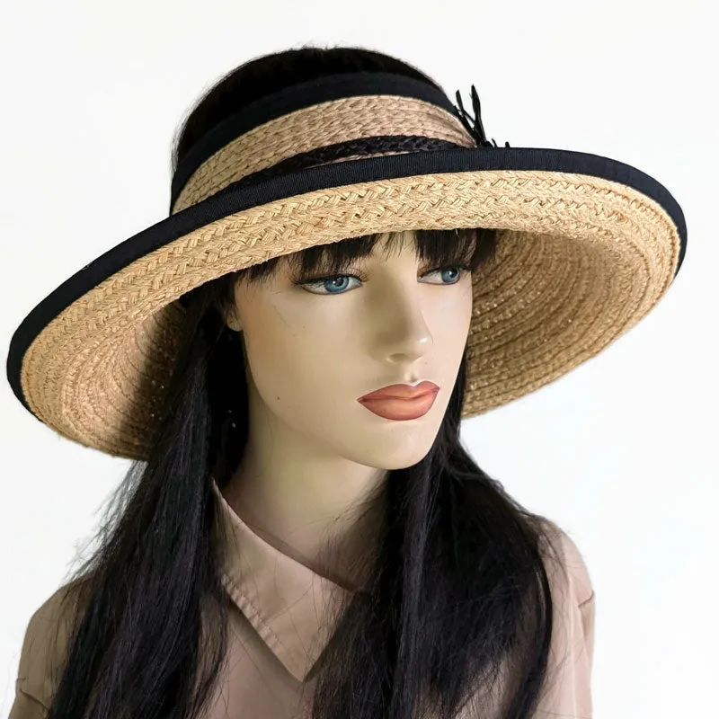 Raffia Straw pop top full brim visor, with extra large brim, adjustable fit sweatband