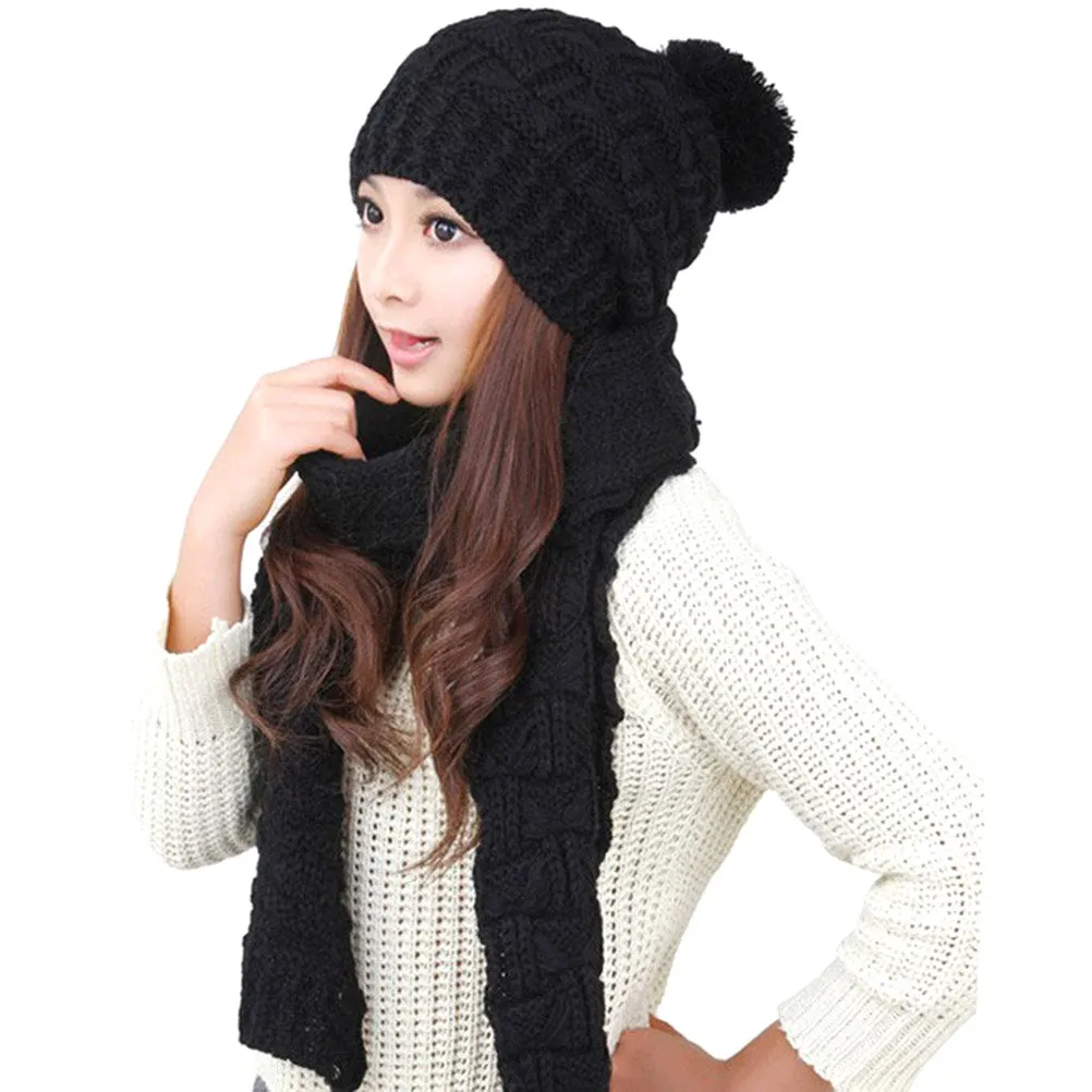 Stretchy Knit Beanie Warm Winter Hat Set Skully Cap Soft Scarf Set