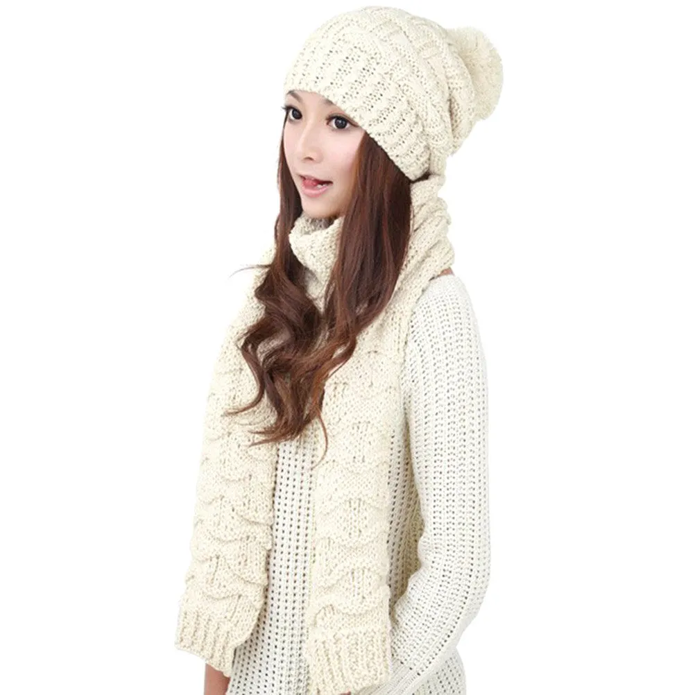 Stretchy Knit Beanie Warm Winter Hat Set Skully Cap Soft Scarf Set