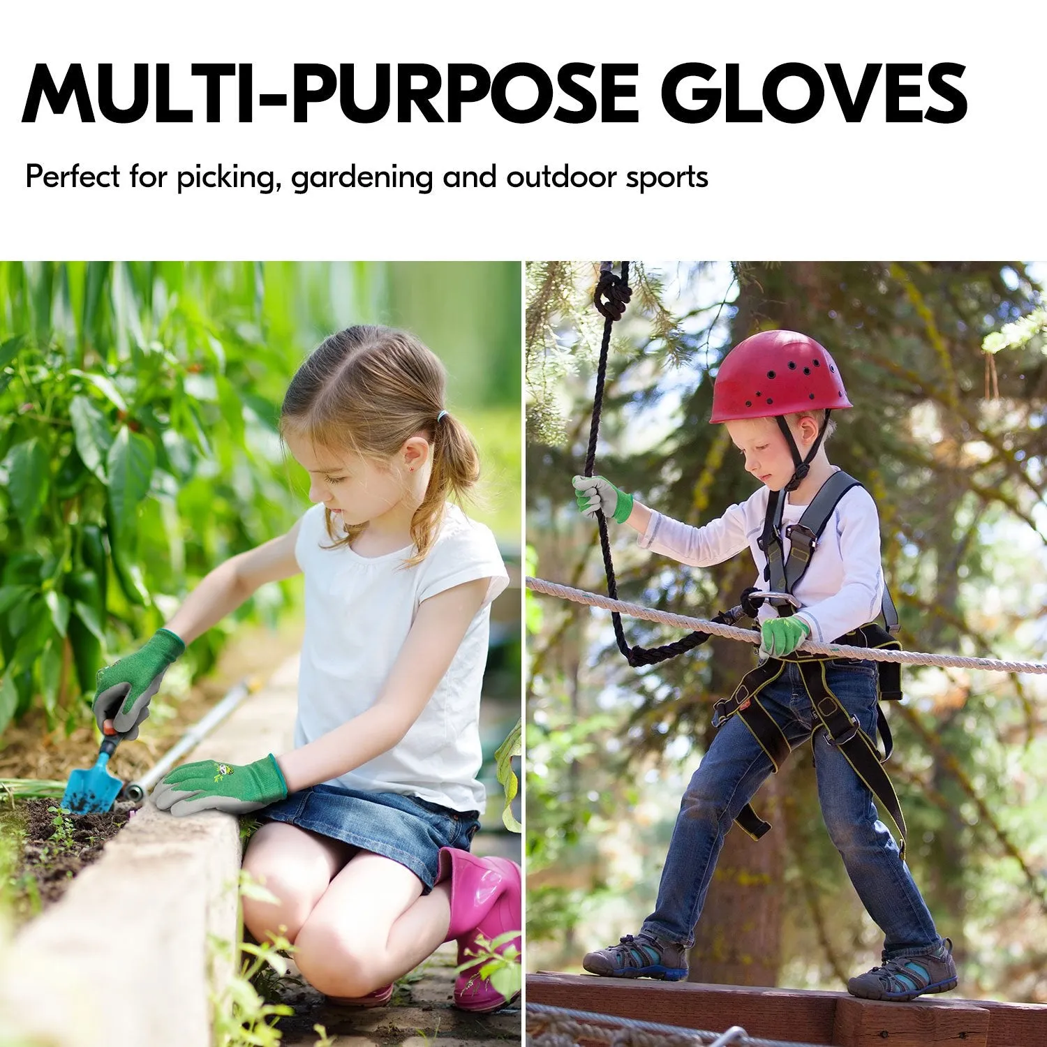 Vgo 2 Pairs Kids Gloves for Age 3-9, Bamboo Work Gloves for Gardening(Green,KID-RB6026)