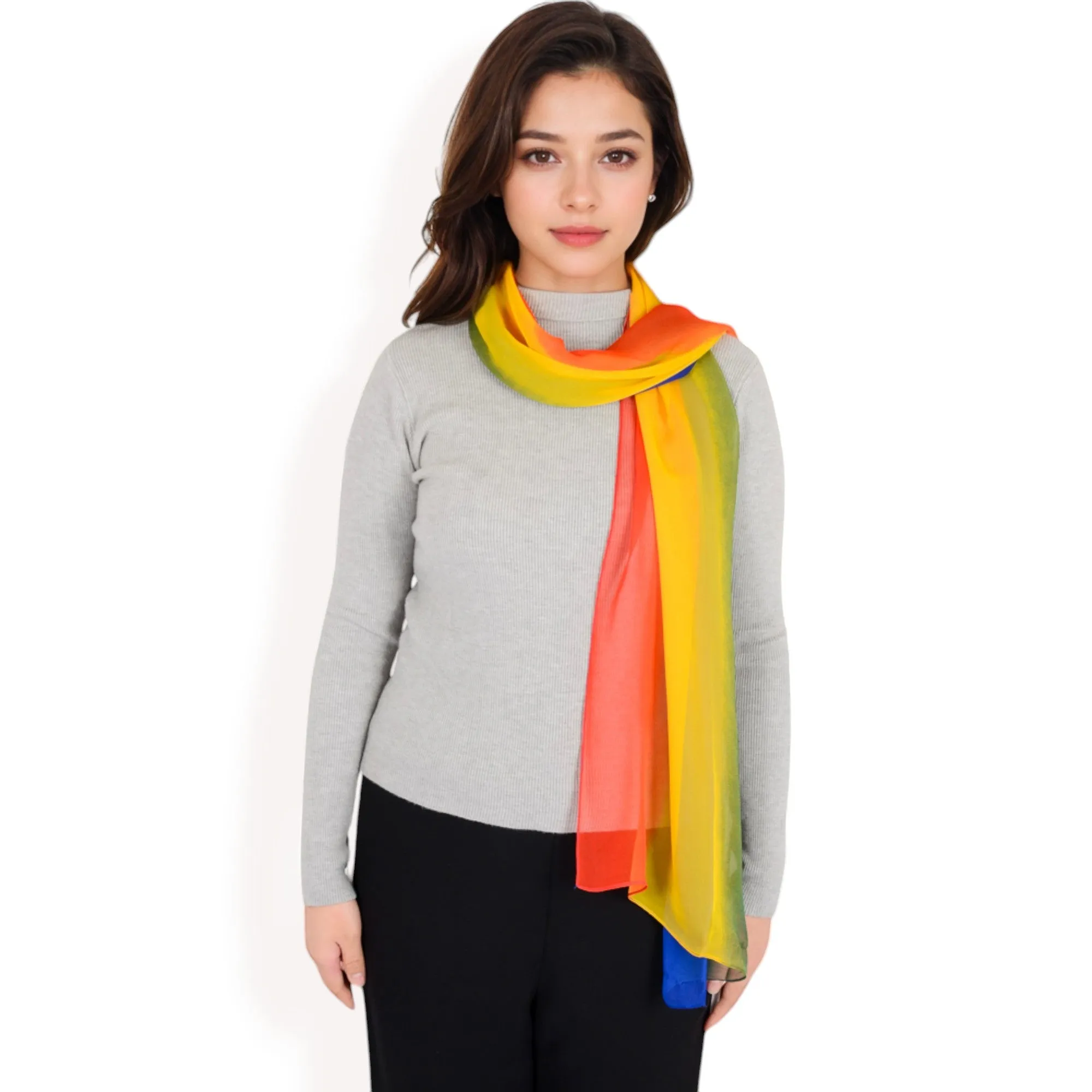 Women's Lightweight Gradient Chiffon Scarves with Flowing Ruffled Edges in Vibrant Multi-Color Designs