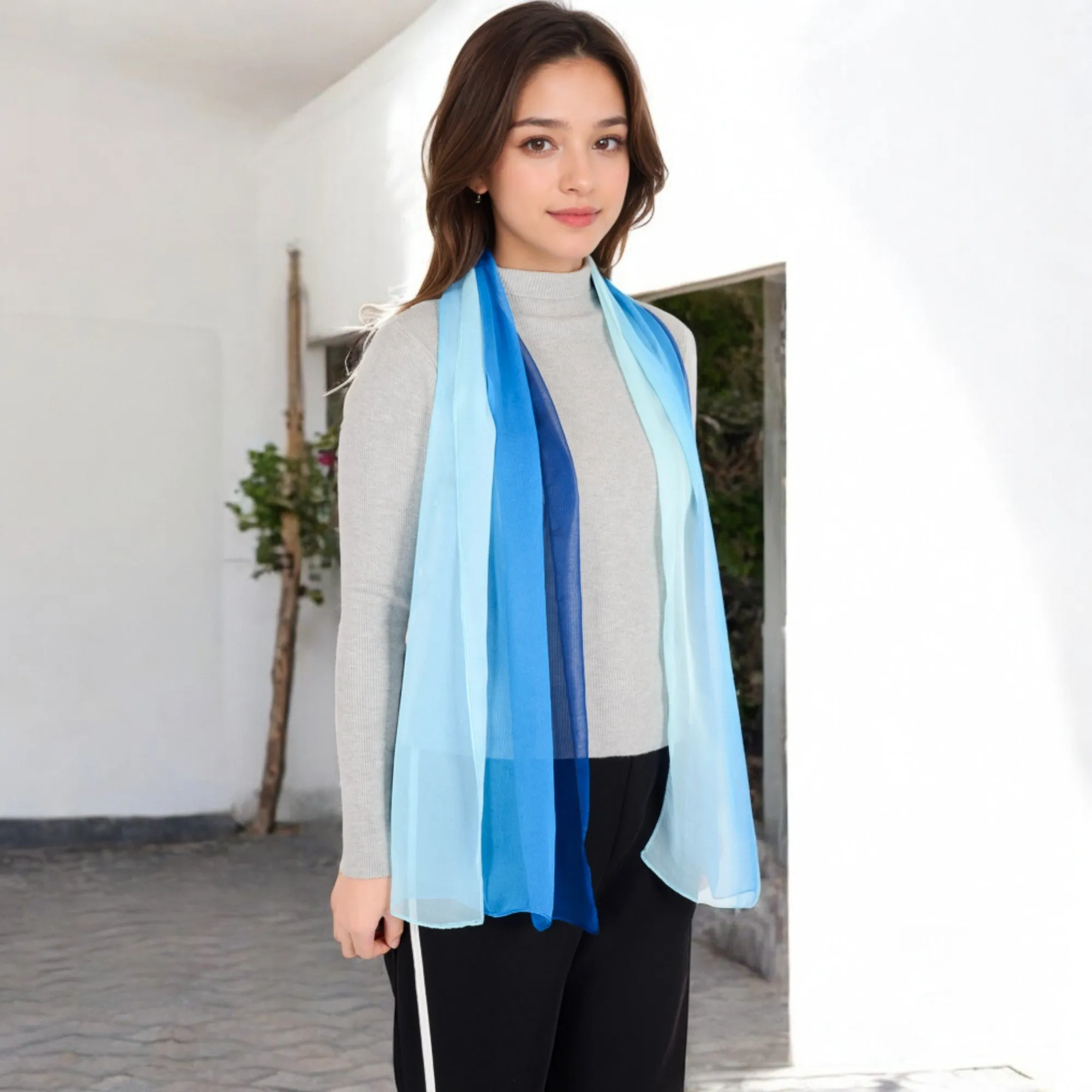 Women's Lightweight Gradient Chiffon Scarves with Flowing Ruffled Edges in Vibrant Multi-Color Designs