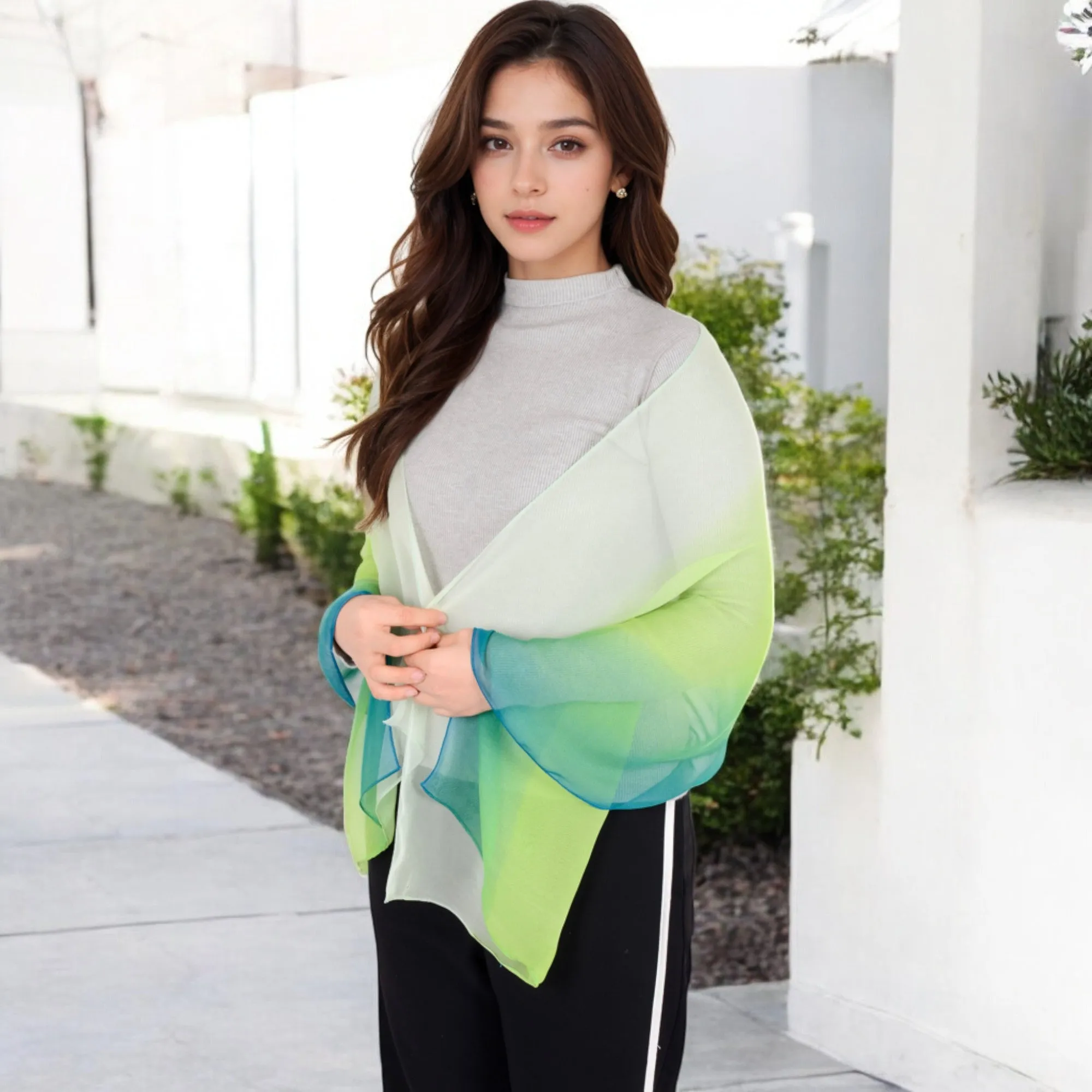 Women's Lightweight Gradient Chiffon Scarves with Flowing Ruffled Edges in Vibrant Multi-Color Designs