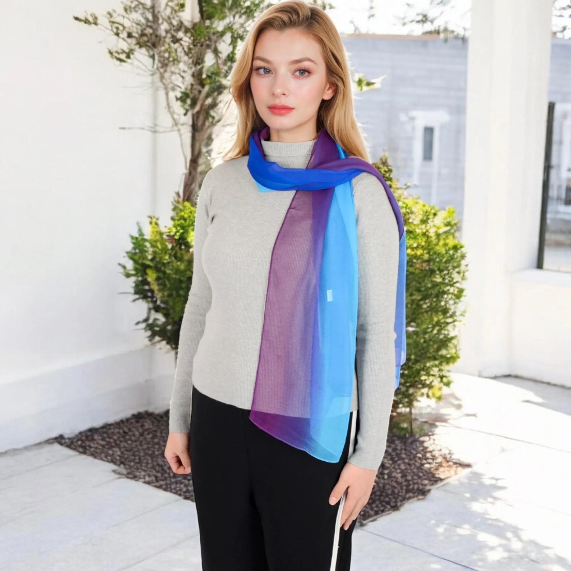 Women's Lightweight Gradient Chiffon Scarves with Flowing Ruffled Edges in Vibrant Multi-Color Designs