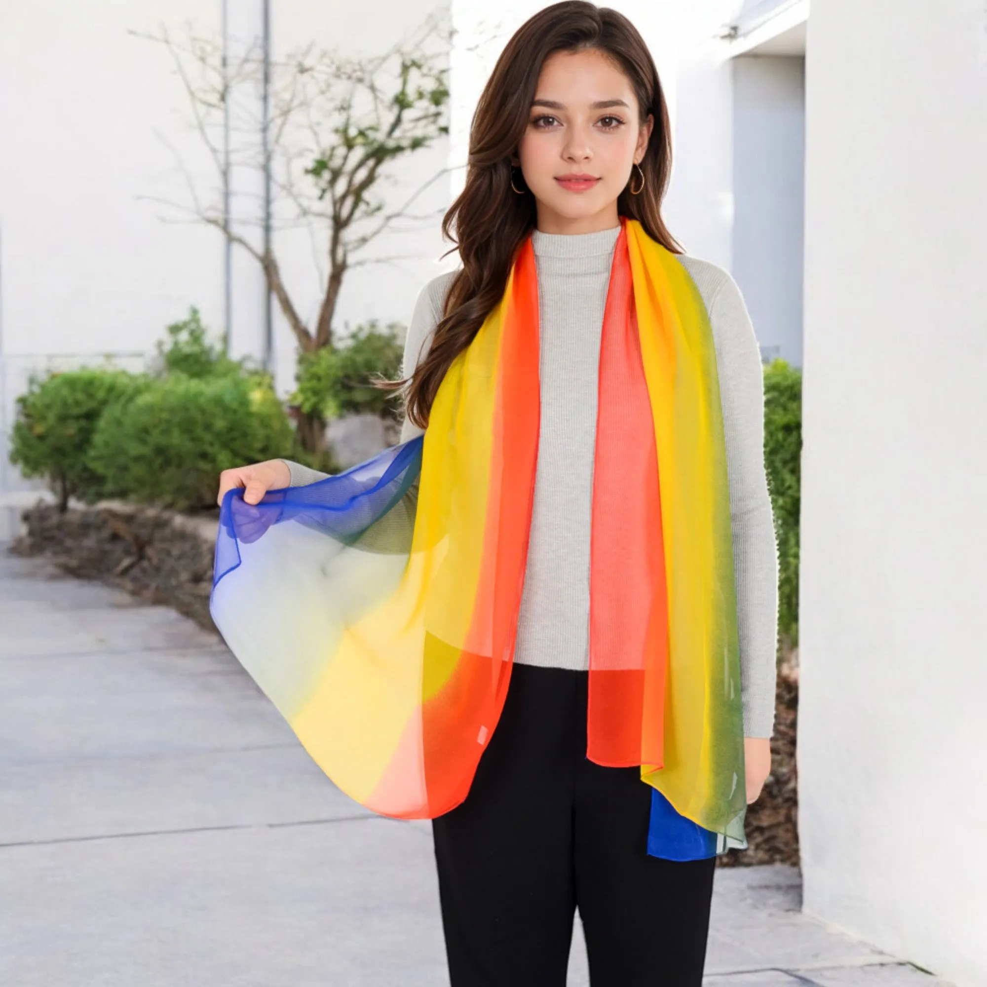 Women's Lightweight Gradient Chiffon Scarves with Flowing Ruffled Edges in Vibrant Multi-Color Designs