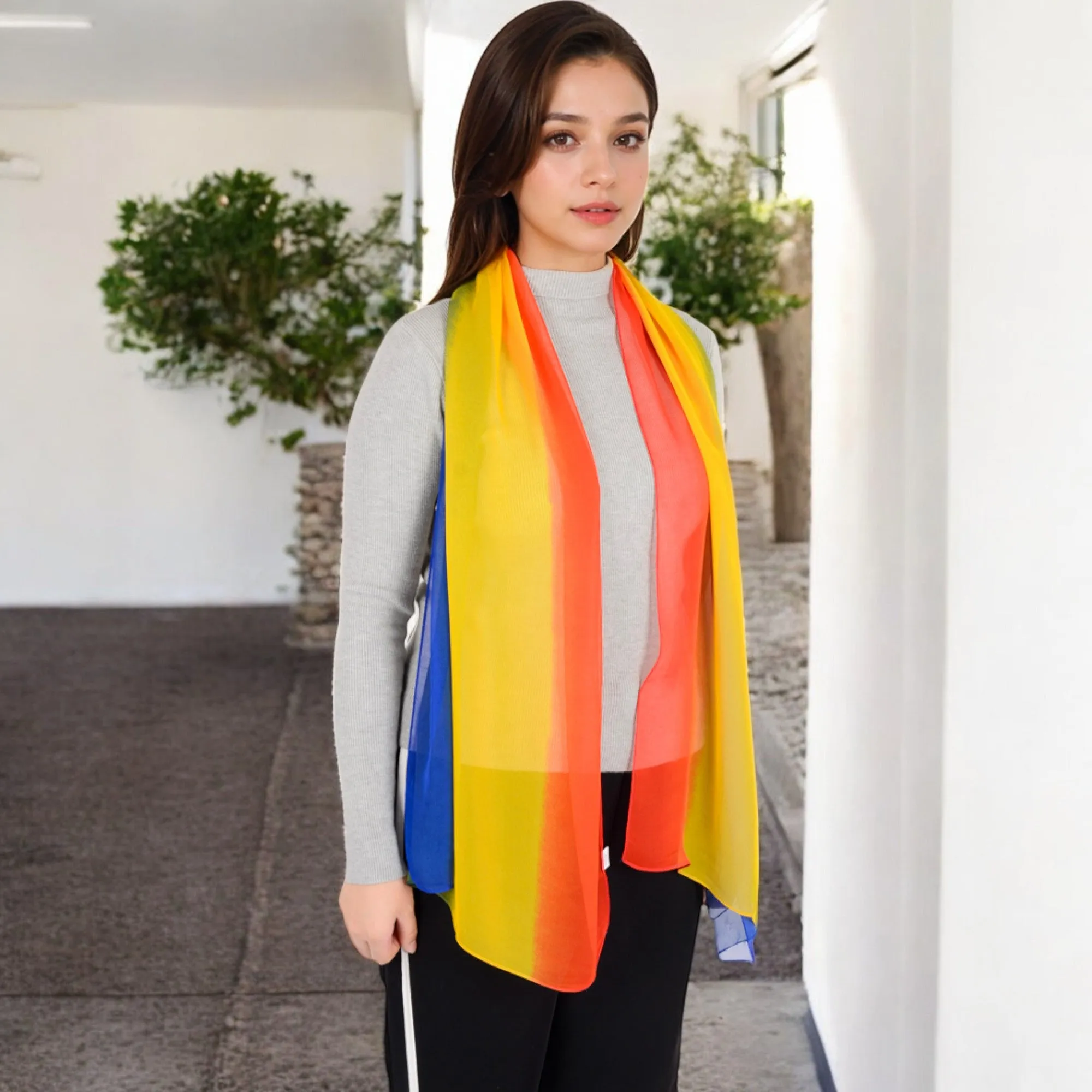 Women's Lightweight Gradient Chiffon Scarves with Flowing Ruffled Edges in Vibrant Multi-Color Designs