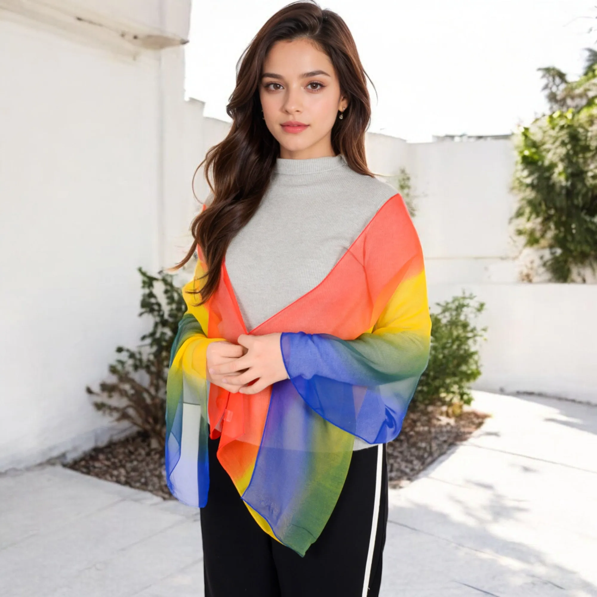 Women's Lightweight Gradient Chiffon Scarves with Flowing Ruffled Edges in Vibrant Multi-Color Designs