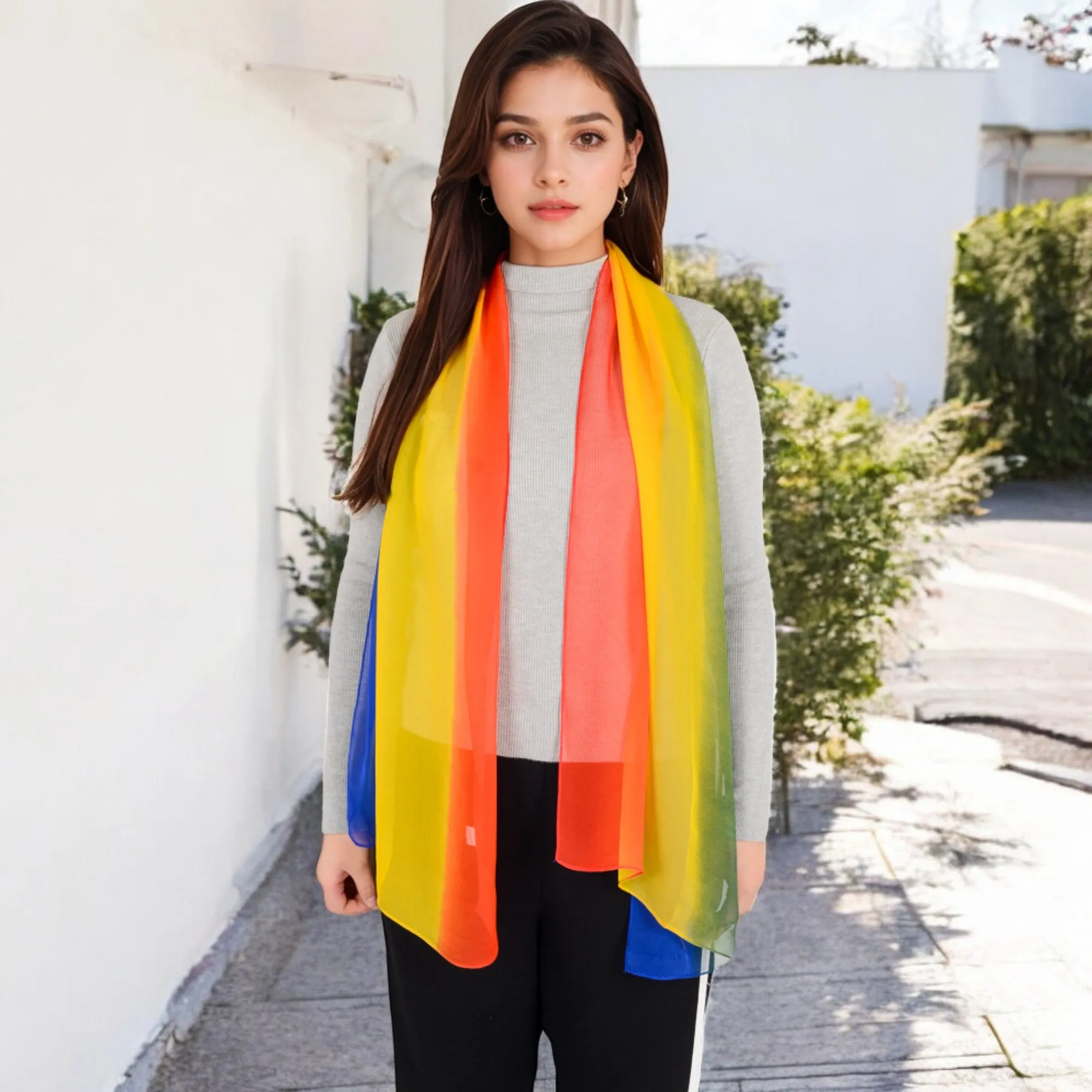 Women's Lightweight Gradient Chiffon Scarves with Flowing Ruffled Edges in Vibrant Multi-Color Designs